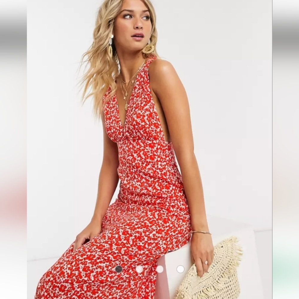 ASOS Design Plunge Tie Shoulder Maxi Dress in Ditsy Floral Print